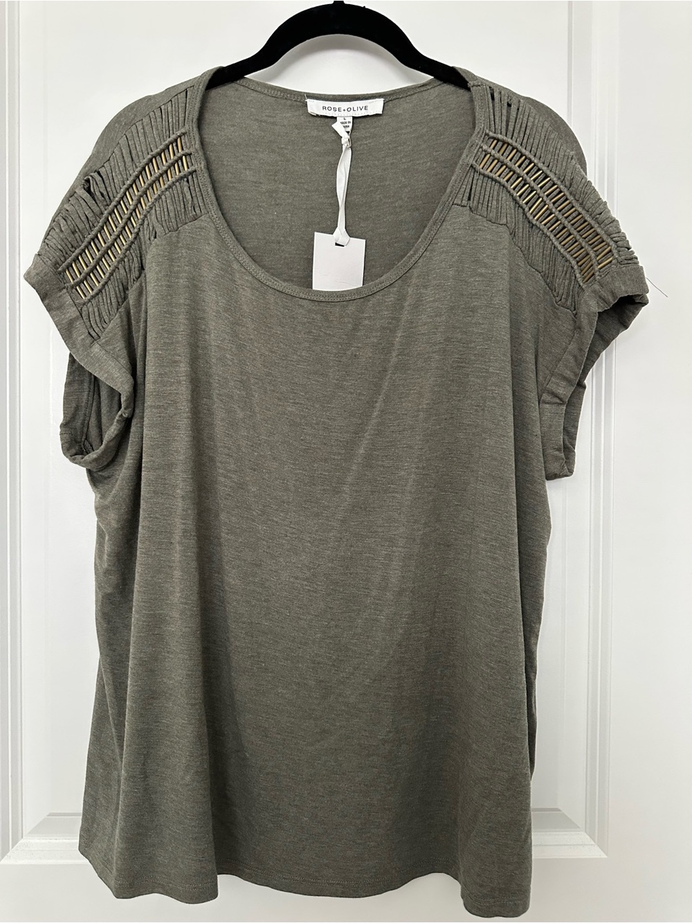 Rose & Olive Olive Short Sleeve Tee with Ladder Shoulder Detail - Size L